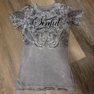 Gray Sinful short sleeve tee, size medium, with black graphic